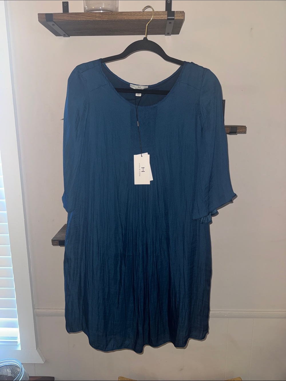 NWT! Halston A-Line Navy Flare Sleeve Dress Size Small